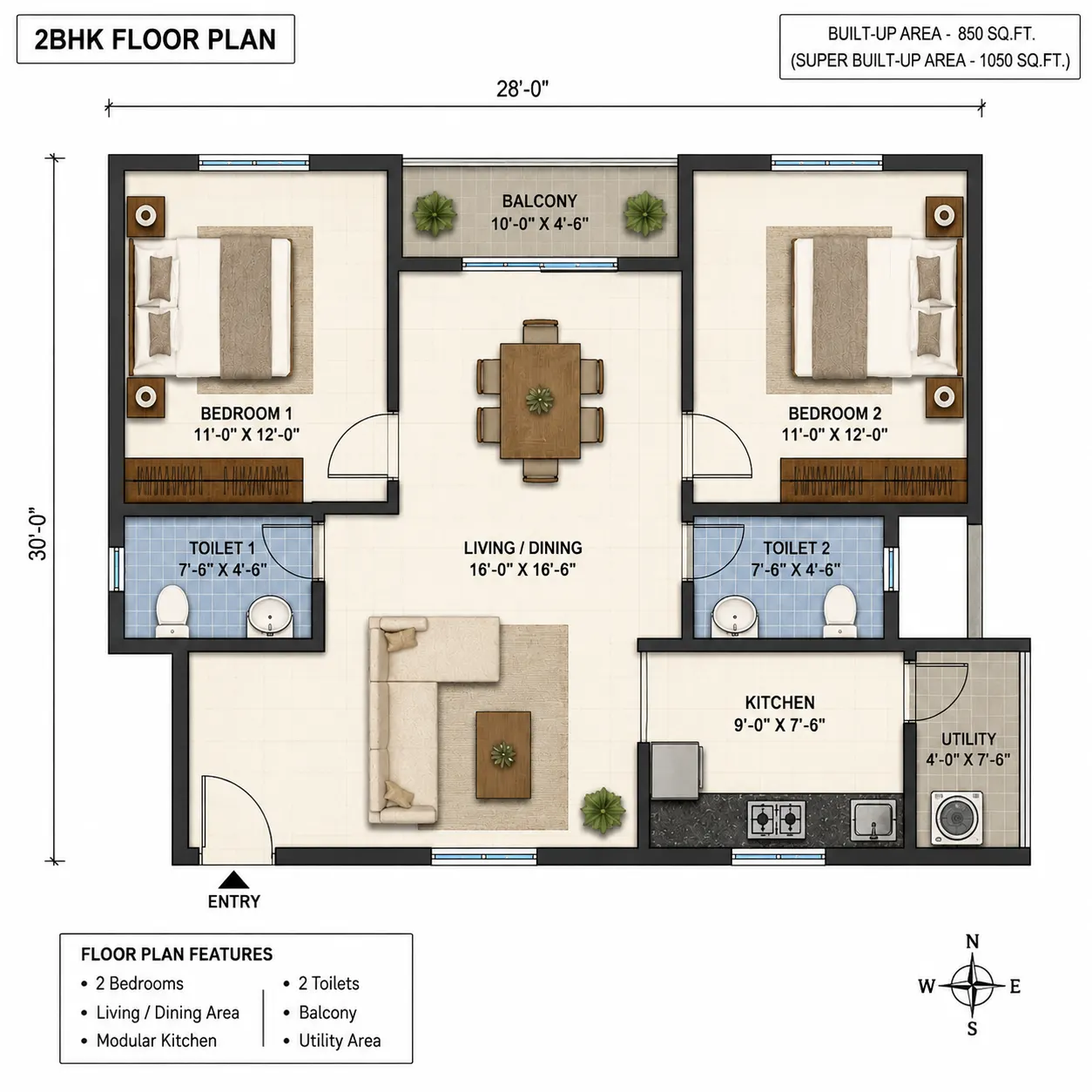 2 Bedroom 2 Toilet Floor Plan